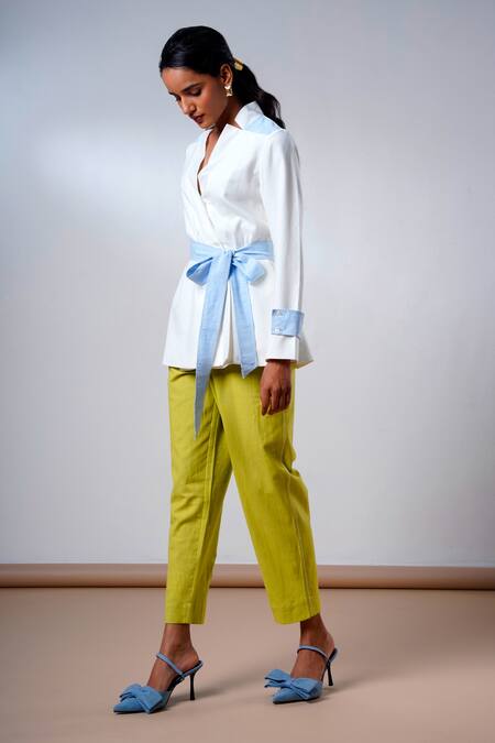 Shop Madder Much White Cotton V-neck Top And Olive Pant Set Online at Aza Fashions Shop_Madder Much_White Cotton V-neck Top And Olive Pant Set _Online_at_Aza_Fashions