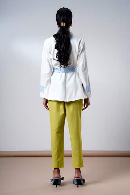 Shop Madder Much White Cotton V-neck Top And Olive Pant Set at Aza Fashions Shop_Madder Much_White Cotton V-neck Top And Olive Pant Set _at_Aza_Fashions