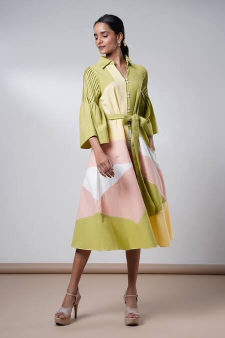 Shop Madder Much Multi Color Cotton Collared Wild Grove Midi Dress With Belt Online at Aza Fashions Shop_Madder Much_Multi Color Cotton Collared Wild Grove Midi Dress With Belt _Online_at_Aza_Fashions