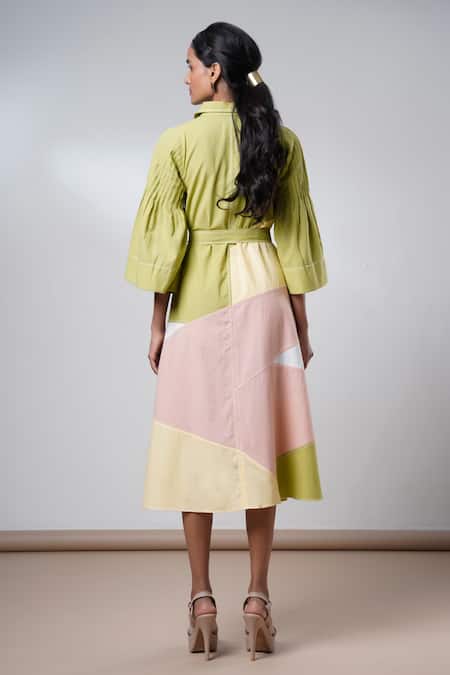 Shop Madder Much Multi Color Cotton Collared Wild Grove Midi Dress With Belt at Aza Fashions Shop_Madder Much_Multi Color Cotton Collared Wild Grove Midi Dress With Belt _at_Aza_Fashions