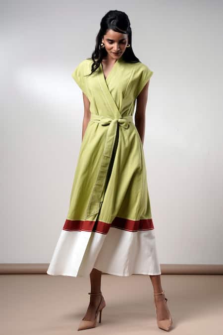 Madder Much_Olive Green Cotton Open Neck Midi Dress With Belt _Online_at_Aza_Fashions