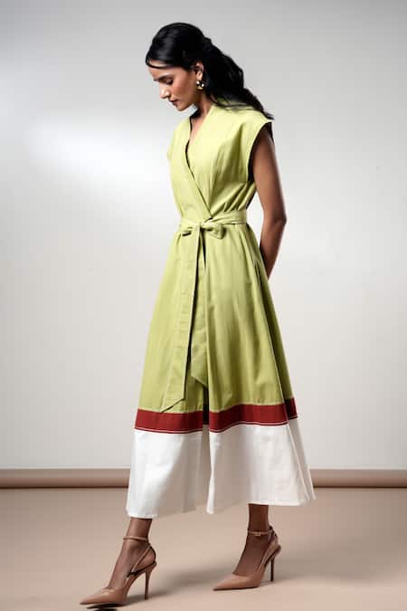 Buy_Madder Much_Olive Green Cotton Open Neck Midi Dress With Belt _Online_at_Aza_Fashions