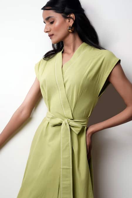Shop_Madder Much_Olive Green Cotton Open Neck Midi Dress With Belt _Online_at_Aza_Fashions