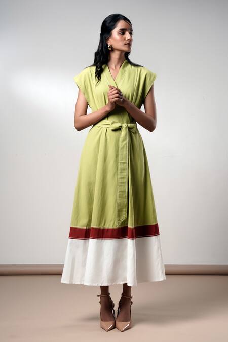 Madder Much_Olive Green Cotton Open Neck Midi Dress With Belt _at_Aza_Fashions