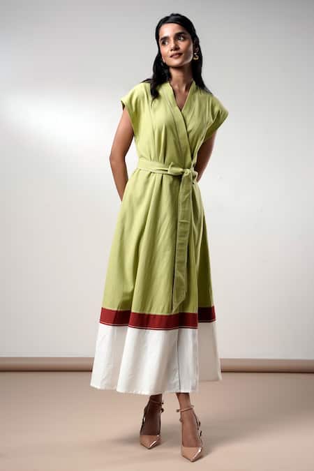 Buy_Madder Much_Olive Green Cotton Open Neck Midi Dress With Belt 