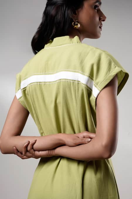 Shop_Madder Much_Olive Green Cotton Open Neck Midi Dress With Belt 