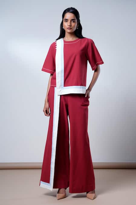 Madder Much Red Cotton Round Neck Brick Poplin Top And Pant Set 