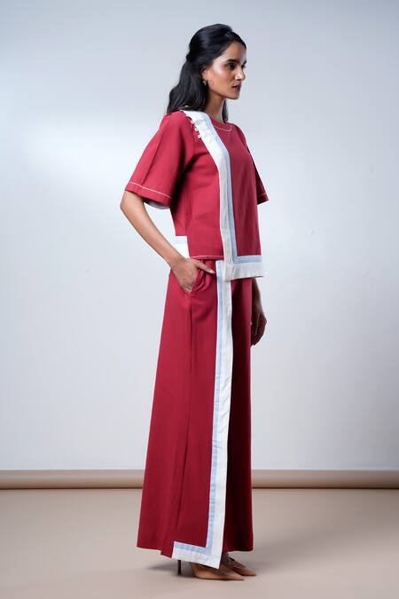 Madder Much Red Cotton, Poplin Round Neck Brick Top And Pant Set Online at Aza Fashions Madder Much_Red Cotton, Poplin Round Neck Brick Top And Pant Set _Online_at_Aza_Fashions