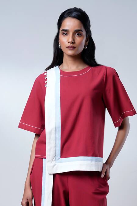 Buy Madder Much Red Cotton, Poplin Round Neck Brick Top And Pant Set Online at Aza Fashions Buy_Madder Much_Red Cotton, Poplin Round Neck Brick Top And Pant Set _Online_at_Aza_Fashions