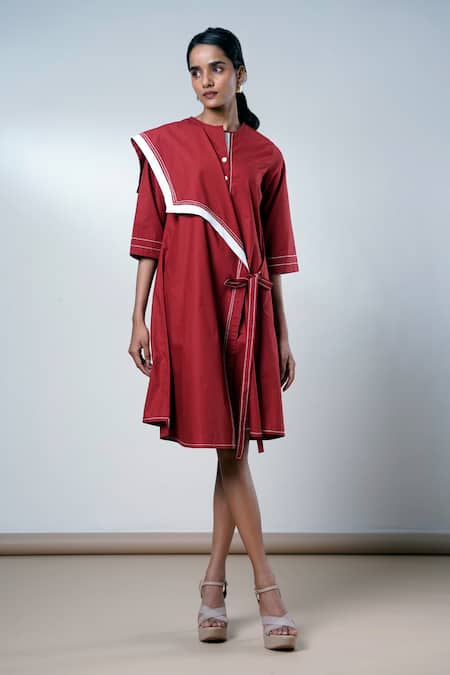 Madder Much Red Cotton Round Neck Brick Modern Angle Dress Online at Aza Fashions Madder Much_Red Cotton Round Neck Brick Modern Angle Dress _Online_at_Aza_Fashions
