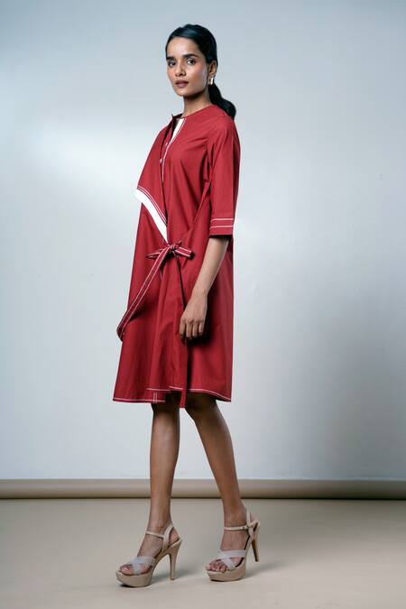 Shop Madder Much Red Cotton Round Neck Brick Modern Angle Dress Online at Aza Fashions Shop_Madder Much_Red Cotton Round Neck Brick Modern Angle Dress _Online_at_Aza_Fashions