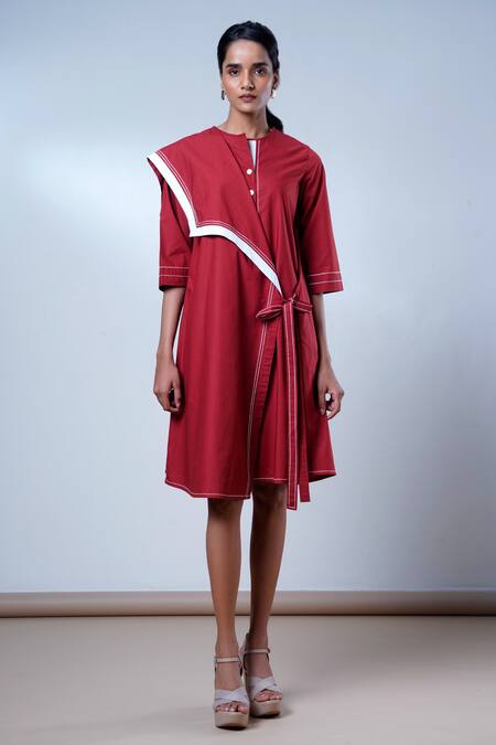 Buy Madder Much Red Cotton Round Neck Brick Modern Angle Dress Buy_Madder Much_Red Cotton Round Neck Brick Modern Angle Dress