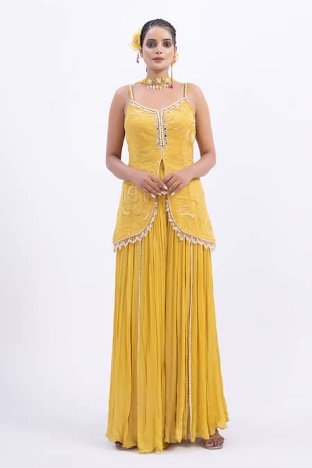 Merge Design Yellow Organza, Chiffon Mirrors, Pearls Work Peplum Kurta Set Online at Aza Fashions Merge Design_Yellow Organza, Chiffon Mirrors, Pearls Work Peplum Kurta Set _Online_at_Aza_Fashions