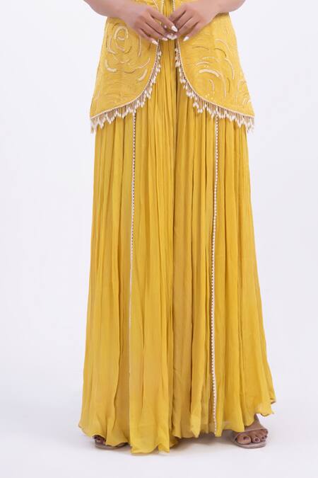 Buy Merge Design Yellow Organza, Chiffon Mirrors, Pearls Work Peplum Kurta Set Online at Aza Fashions Buy_Merge Design_Yellow Organza, Chiffon Mirrors, Pearls Work Peplum Kurta Set _Online_at_Aza_Fashions