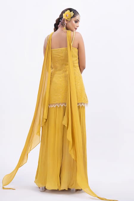 Shop Merge Design Yellow Organza, Chiffon Mirrors, Pearls Work Peplum Kurta Set at Aza Fashions Shop_Merge Design_Yellow Organza, Chiffon Mirrors, Pearls Work Peplum Kurta Set _at_Aza_Fashions