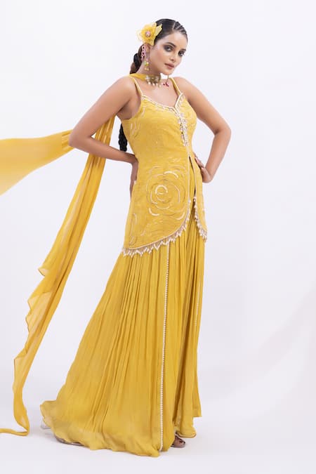 Shop Merge Design Yellow Organza, Chiffon Mirrors, Pearls Work Peplum Kurta Set Online at Aza Fashions Shop_Merge Design_Yellow Organza, Chiffon Mirrors, Pearls Work Peplum Kurta Set _Online_at_Aza_Fashions