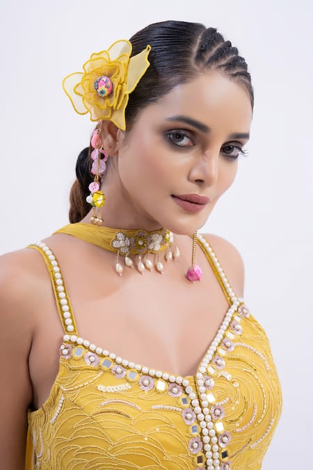 Merge Design Yellow Organza, Chiffon Mirrors, Pearls Work Peplum Kurta Set at Aza Fashions Merge Design_Yellow Organza, Chiffon Mirrors, Pearls Work Peplum Kurta Set _at_Aza_Fashions