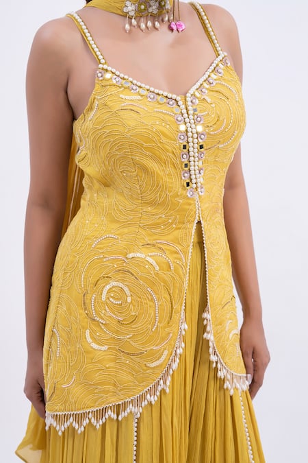 Buy Merge Design Yellow Organza, Chiffon Mirrors, Pearls Work Peplum Kurta Set Buy_Merge Design_Yellow Organza, Chiffon Mirrors, Pearls Work Peplum Kurta Set