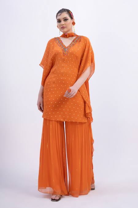 Merge Design Orange Chiffon, Satin Mirrors Keyhole Neck Work Kaftan Kurta Set Online at Aza Fashions Merge Design_Orange Chiffon, Satin Mirrors Keyhole Neck Work Kaftan Kurta Set _Online_at_Aza_Fashions