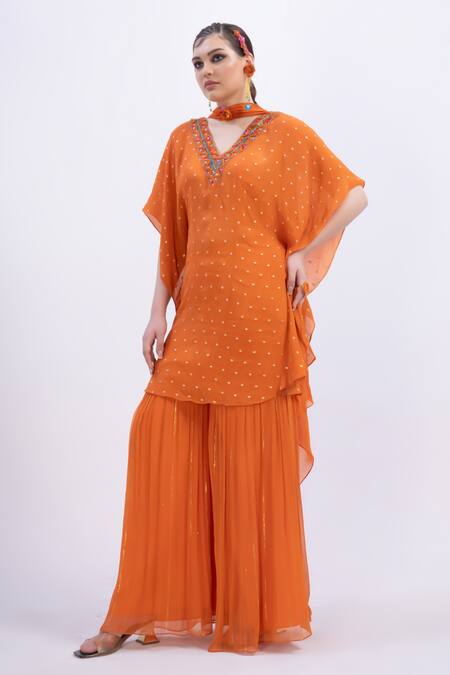Buy Merge Design Orange Chiffon, Satin Mirrors Keyhole Neck Work Kaftan Kurta Set Online at Aza Fashions Buy_Merge Design_Orange Chiffon, Satin Mirrors Keyhole Neck Work Kaftan Kurta Set _Online_at_Aza_Fashions