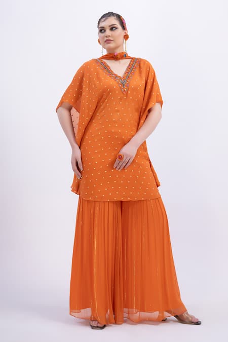Merge Design Orange Chiffon, Satin Mirrors Keyhole Neck Work Kaftan Kurta Set 