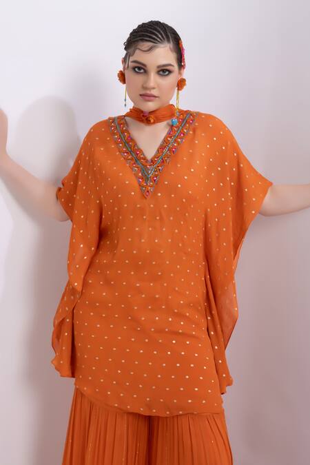 Merge Design Orange Chiffon, Satin Mirrors Keyhole Neck Work Kaftan Kurta Set at Aza Fashions Merge Design_Orange Chiffon, Satin Mirrors Keyhole Neck Work Kaftan Kurta Set _at_Aza_Fashions