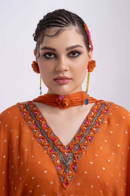 Buy Merge Design Orange Chiffon, Satin Mirrors Keyhole Neck Work Kaftan Kurta Set Buy_Merge Design_Orange Chiffon, Satin Mirrors Keyhole Neck Work Kaftan Kurta Set