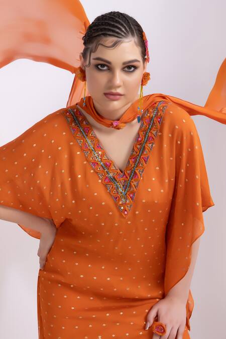 Shop Merge Design Orange Chiffon, Satin Mirrors Keyhole Neck Work Kaftan Kurta Set Shop_Merge Design_Orange Chiffon, Satin Mirrors Keyhole Neck Work Kaftan Kurta Set