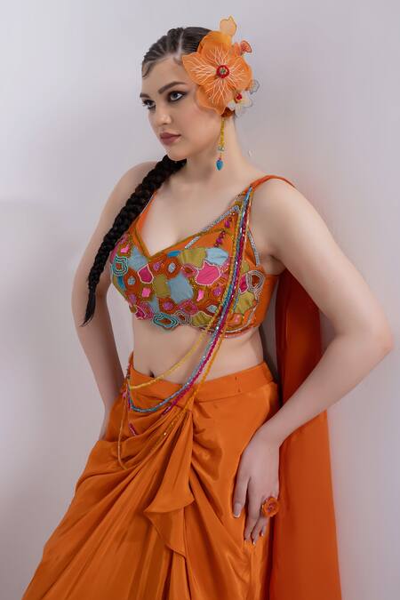 Merge Design Orange Modal, Satin Embroidery, Applique Round Neck Top And Dhoti Skirt Online at Aza Fashions Merge Design_Orange Modal, Satin Embroidery, Applique Round Neck Top And Dhoti Skirt _Online_at_Aza_Fashions