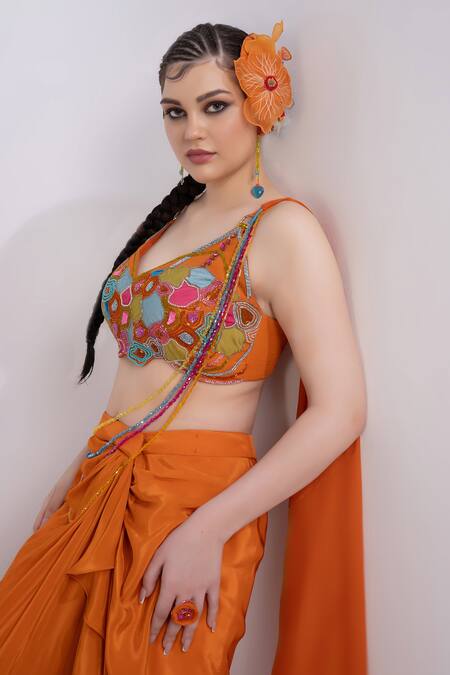 Buy Merge Design Orange Modal, Satin Embroidery, Applique Round Neck Top And Dhoti Skirt Online at Aza Fashions Buy_Merge Design_Orange Modal, Satin Embroidery, Applique Round Neck Top And Dhoti Skirt _Online_at_Aza_Fashions