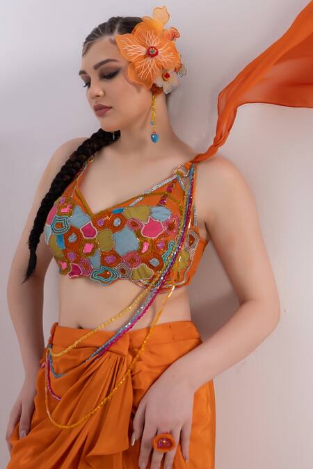 Shop Merge Design Orange Modal, Satin Embroidery, Applique Round Neck Top And Dhoti Skirt Online at Aza Fashions Shop_Merge Design_Orange Modal, Satin Embroidery, Applique Round Neck Top And Dhoti Skirt _Online_at_Aza_Fashions