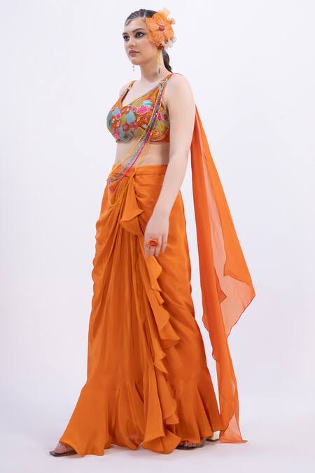 Merge Design Orange Modal, Satin Embroidery, Applique Round Neck Top And Dhoti Skirt at Aza Fashions Merge Design_Orange Modal, Satin Embroidery, Applique Round Neck Top And Dhoti Skirt _at_Aza_Fashions