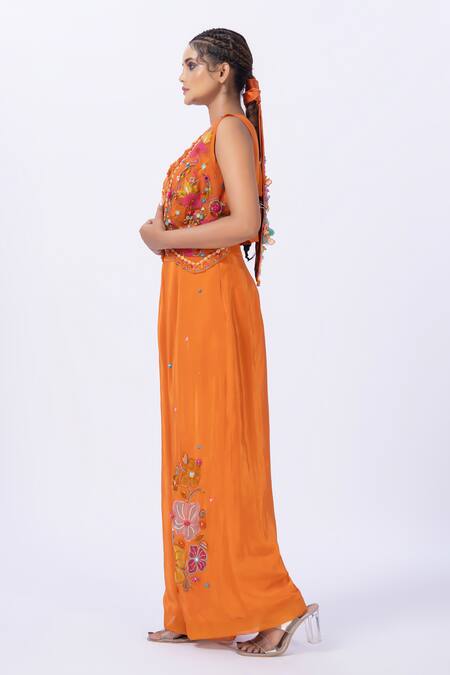 Merge Design Orange Organza, Modal, Satin Applique, Embroidery, Fabric Blouse And Pant Set Online at Aza Fashions Merge Design_Orange Organza, Modal, Satin Applique, Embroidery, Fabric Blouse And Pant Set _Online_at_Aza_Fashions