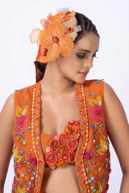 Merge Design Orange Organza, Modal, Satin Applique, Embroidery, Fabric Blouse And Pant Set at Aza Fashions Merge Design_Orange Organza, Modal, Satin Applique, Embroidery, Fabric Blouse And Pant Set _at_Aza_Fashions