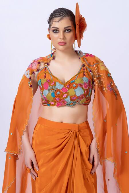 Merge Design_Orange Modal, Satin, Organza Embroidery, Beads Applique Embellished Dhoti Set _Online_at_Aza_Fashions
