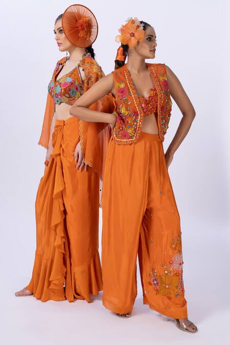 Merge Design_Orange Modal, Satin, Organza Embroidery, Beads Applique Embellished Dhoti Set _at_Aza_Fashions