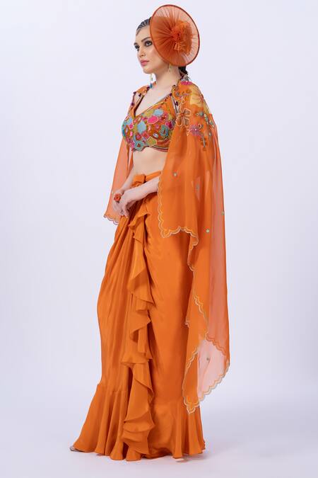 Buy_Merge Design_Orange Modal, Satin, Organza Embroidery, Beads Applique Embellished Dhoti Set 