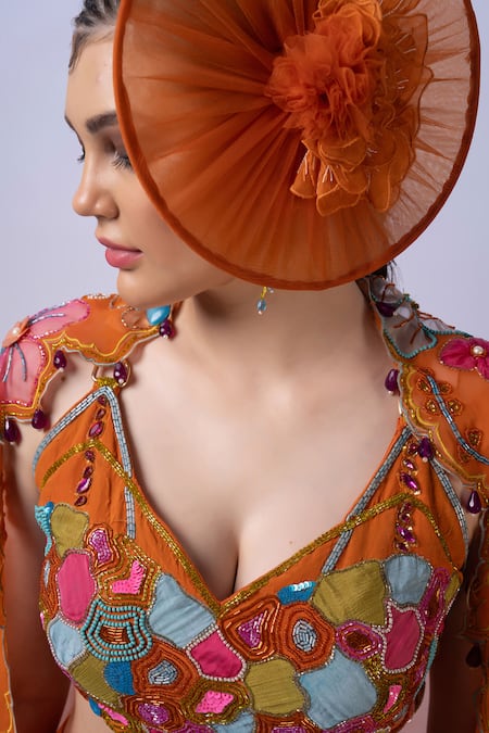 Shop_Merge Design_Orange Modal, Satin, Organza Embroidery, Beads Applique Embellished Dhoti Set 