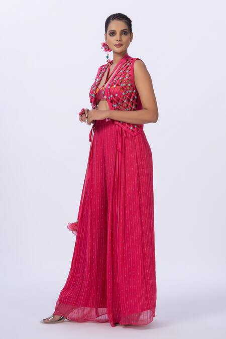 Merge Design Pink Modal, Satin, Georgette Embroidery Open Neck Trellis Work Blouse And Pant Set Online at Aza Fashions Merge Design_Pink Modal, Satin, Georgette Embroidery Open Neck Trellis Work Blouse And Pant Set _Online_at_Aza_Fashions