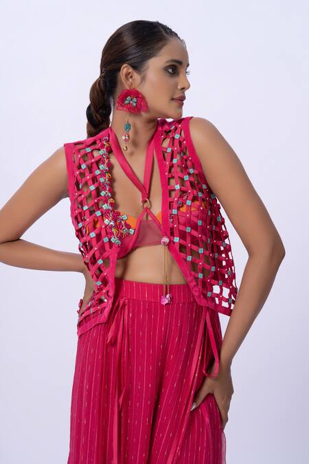 Shop Merge Design Pink Modal, Satin, Georgette Embroidery Open Neck Trellis Work Blouse And Pant Set Online at Aza Fashions Shop_Merge Design_Pink Modal, Satin, Georgette Embroidery Open Neck Trellis Work Blouse And Pant Set _Online_at_Aza_Fashions