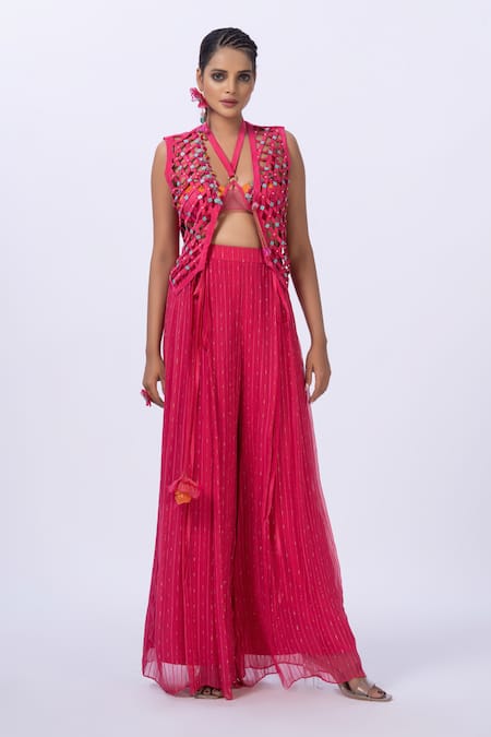 Merge Design Pink Modal, Satin, Georgette Embroidery Open Neck Trellis Work Blouse And Pant Set 