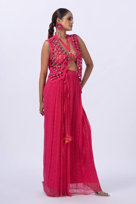 Merge Design Pink Modal, Satin, Georgette Embroidery Open Neck Trellis Work Blouse And Pant Set at Aza Fashions Merge Design_Pink Modal, Satin, Georgette Embroidery Open Neck Trellis Work Blouse And Pant Set _at_Aza_Fashions