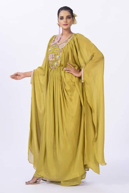 Merge Design Green Chiffon Mirrors, Applique Round Neck Embroidered Kaftan Online at Aza Fashions Merge Design_Green Chiffon Mirrors, Applique Round Neck Embroidered Kaftan _Online_at_Aza_Fashions