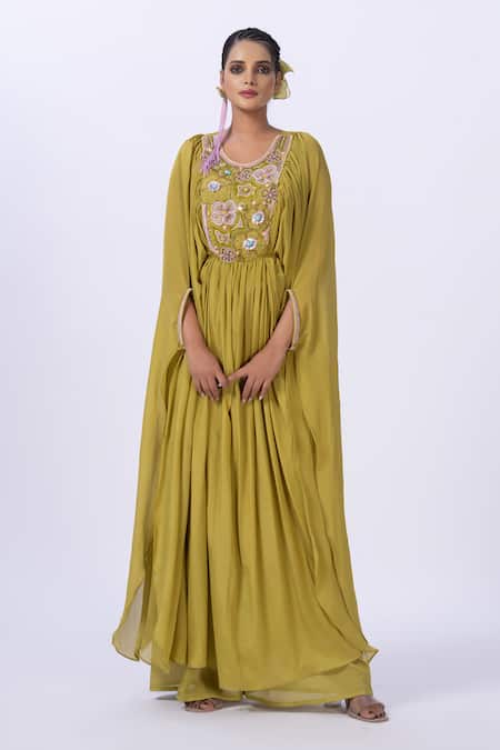 Buy Merge Design Green Chiffon Mirrors, Applique Round Neck Embroidered Kaftan Online at Aza Fashions Buy_Merge Design_Green Chiffon Mirrors, Applique Round Neck Embroidered Kaftan _Online_at_Aza_Fashions