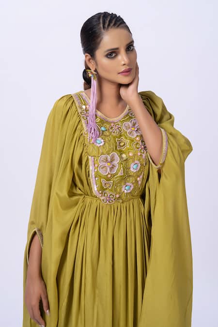 Shop Merge Design Green Chiffon Mirrors, Applique Round Neck Embroidered Kaftan Online at Aza Fashions Shop_Merge Design_Green Chiffon Mirrors, Applique Round Neck Embroidered Kaftan _Online_at_Aza_Fashions