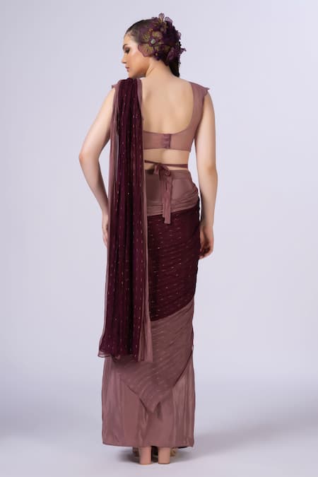 Merge Design Wine Applique Embroidered Blouse & Saree Set 