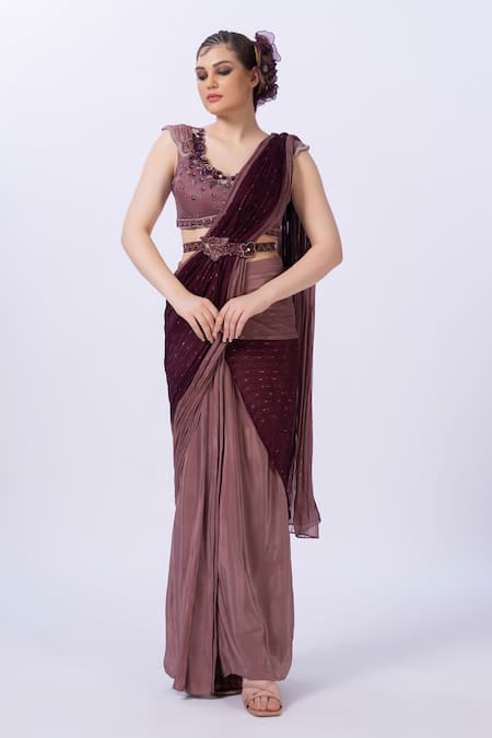 Merge Design Wine Organza, Georgette Applique, Embroidery Round Neck Blouse And Saree Set 