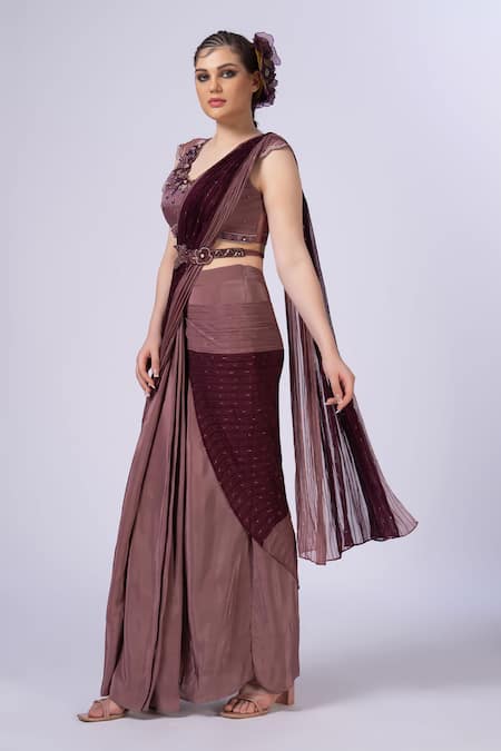 Merge Design Wine Organza, Georgette Applique, Embroidery Round Neck Blouse And Saree Set Online at Aza Fashions Merge Design_Wine Organza, Georgette Applique, Embroidery Round Neck Blouse And Saree Set _Online_at_Aza_Fashions