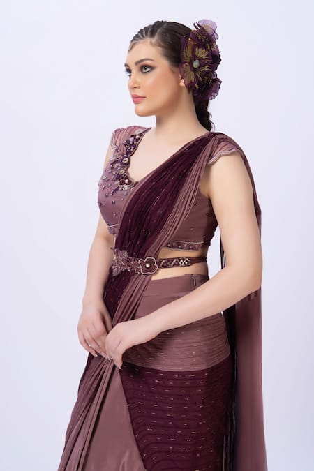Buy Merge Design Wine Organza, Georgette Applique, Embroidery Round Neck Blouse And Saree Set Online at Aza Fashions Buy_Merge Design_Wine Organza, Georgette Applique, Embroidery Round Neck Blouse And Saree Set _Online_at_Aza_Fashions
