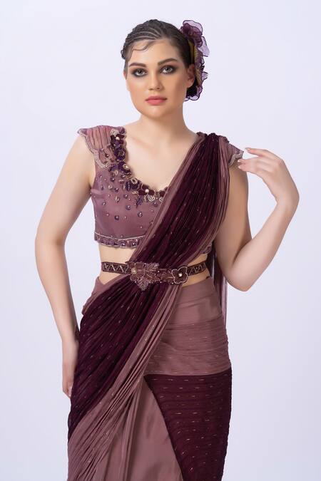Shop Merge Design Wine Organza, Georgette Applique, Embroidery Round Neck Blouse And Saree Set Online at Aza Fashions Shop_Merge Design_Wine Organza, Georgette Applique, Embroidery Round Neck Blouse And Saree Set _Online_at_Aza_Fashions